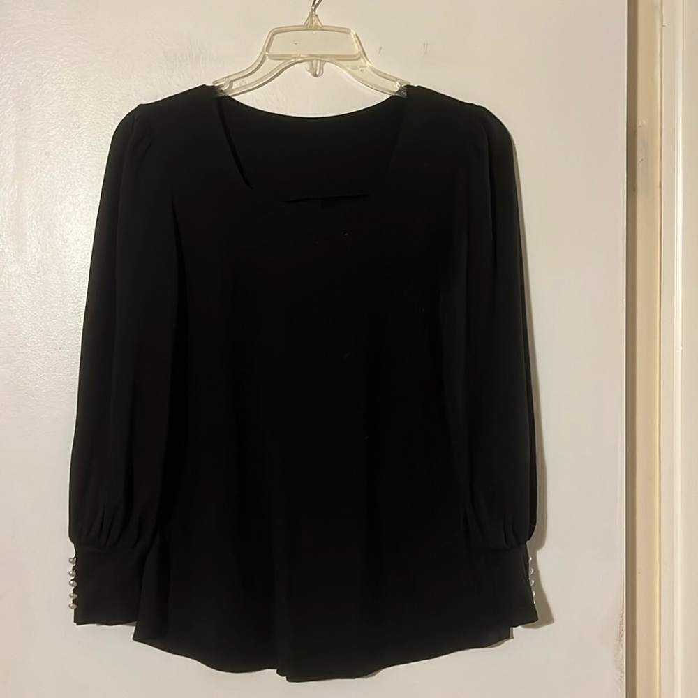 Micoson black square neck long sleeve top with beaded wrist detail